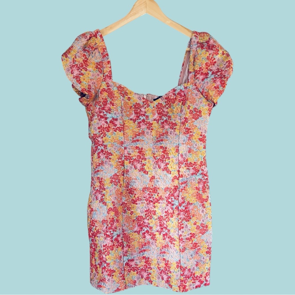 New Sweetest Essence Blush Floral Jacquard Puff Sleeve Mini Dress- L